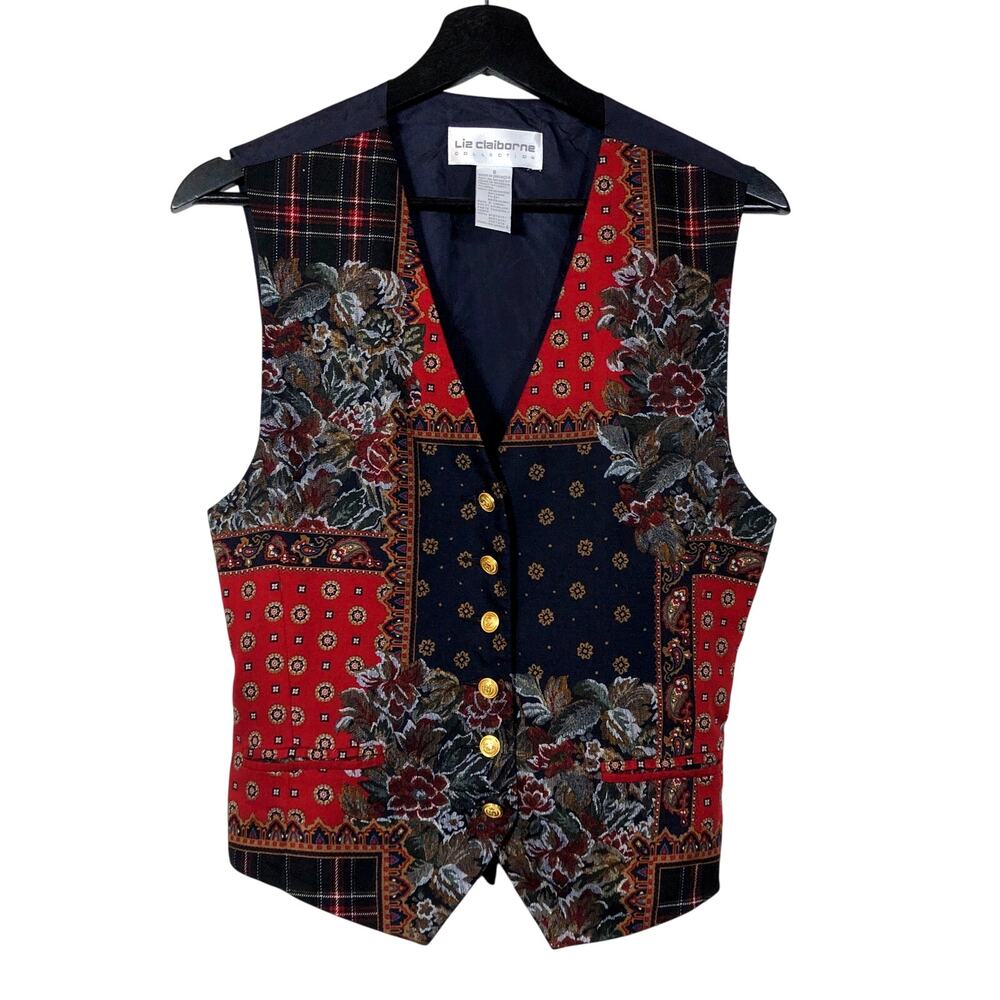 Plaid Vest Red Tan Navy Blue Vintage Retro Preppy Officecore Liz Claiborne 8